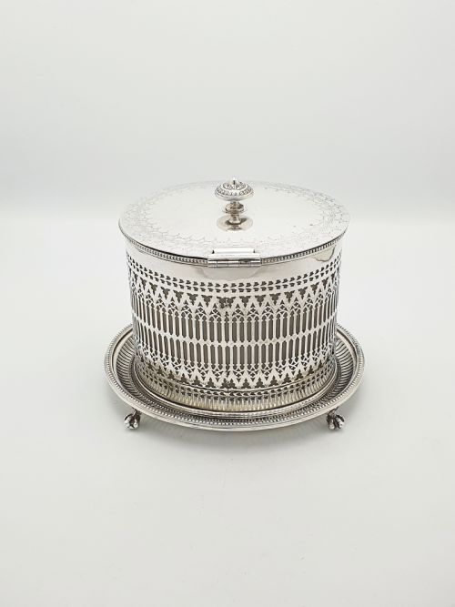 ANTIQUE SILVER PLATED PIERCED BISCUIT BARREL WITH GLASS LINER CIRCA 1905 - ADDITIONAL PHOTO 6