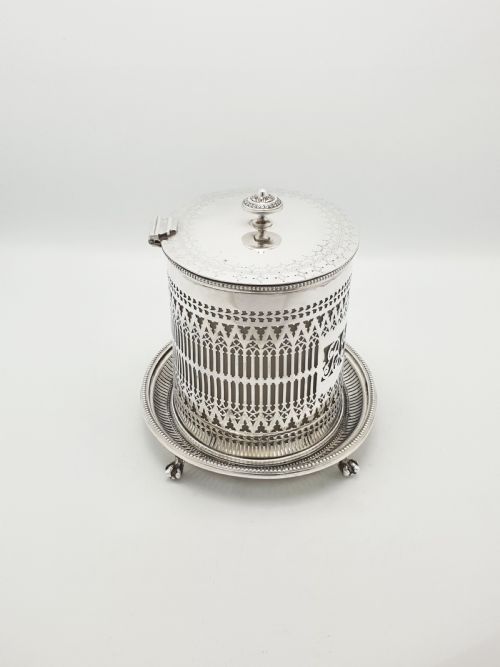 ANTIQUE SILVER PLATED PIERCED BISCUIT BARREL WITH GLASS LINER CIRCA 1905 - ADDITIONAL PHOTO 7
