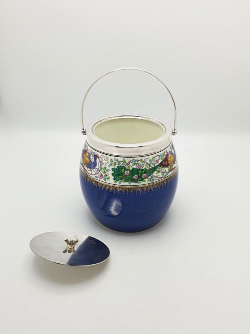 fig 1. Antique Wedgwood China Biscuit Barrel with Peacock Decoration – circa 1920