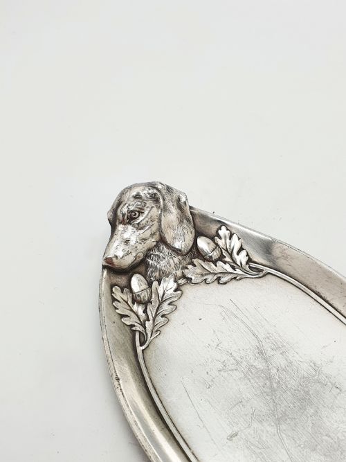 fig 1. Lovely WMF Art Nouveau Pewter Dog Head Serving Tray – circa 1900