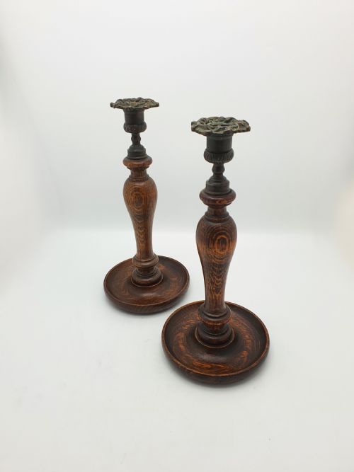 Lovely Pair of Turned Oak and Brass Candlesticks – Circa 1920