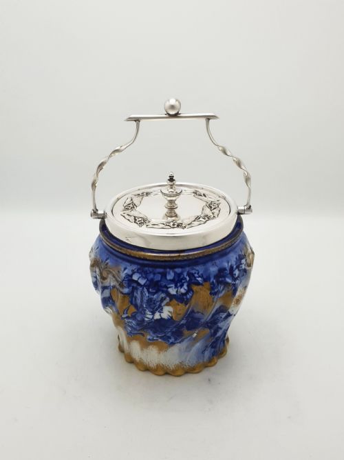 LOVELY ANTIQUE EDWARDIAN FLOW BLUE WHITE BISCUIT BARREL CIRCA 1905 - ADDITIONAL PHOTO 3