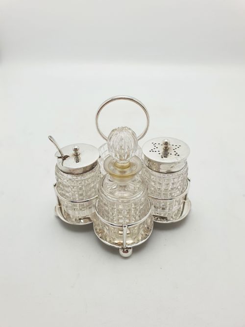 ANTIQUE SILVER PLATED AND CUT GLASS CONDIMENT SET CIRCA 1920 - ADDITIONAL PHOTO 2