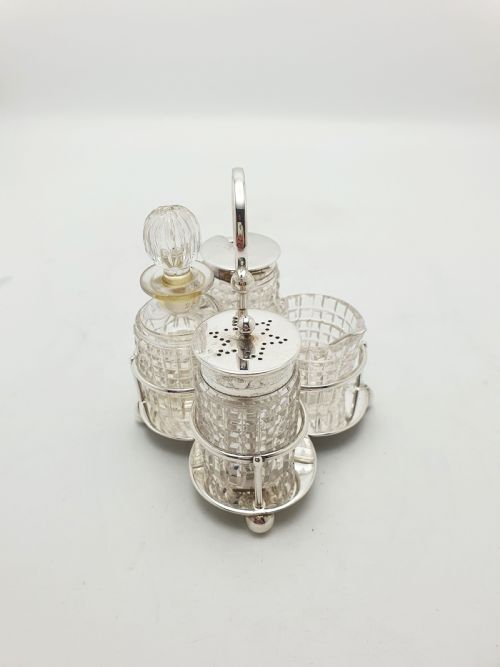 ANTIQUE SILVER PLATED AND CUT GLASS CONDIMENT SET CIRCA 1920 - ADDITIONAL PHOTO 3