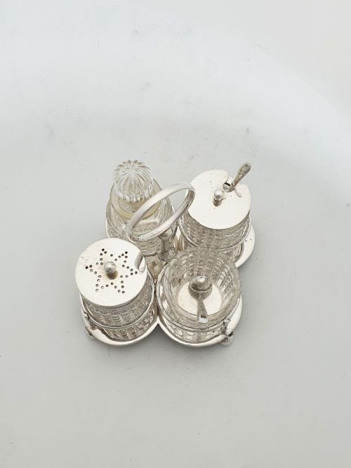 ANTIQUE SILVER PLATED AND CUT GLASS CONDIMENT SET CIRCA 1920 - ADDITIONAL PHOTO 4