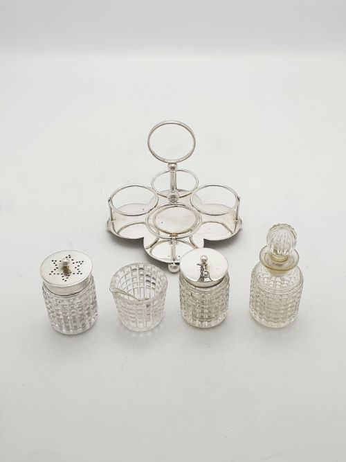 ANTIQUE SILVER PLATED AND CUT GLASS CONDIMENT SET CIRCA 1920 - ADDITIONAL PHOTO 5