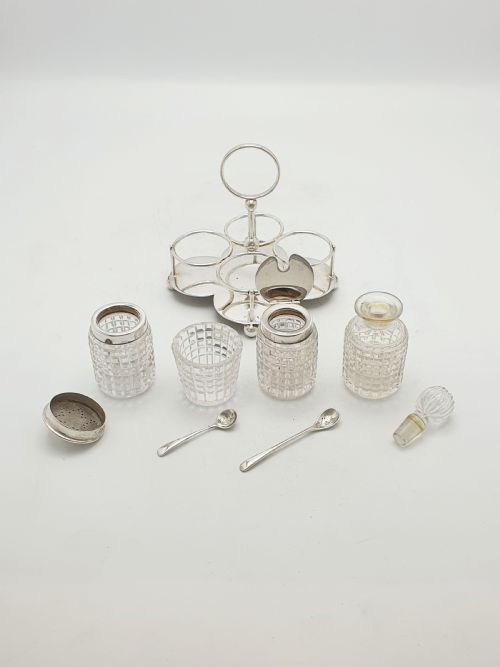 ANTIQUE SILVER PLATED AND CUT GLASS CONDIMENT SET CIRCA 1920 - ADDITIONAL PHOTO 6