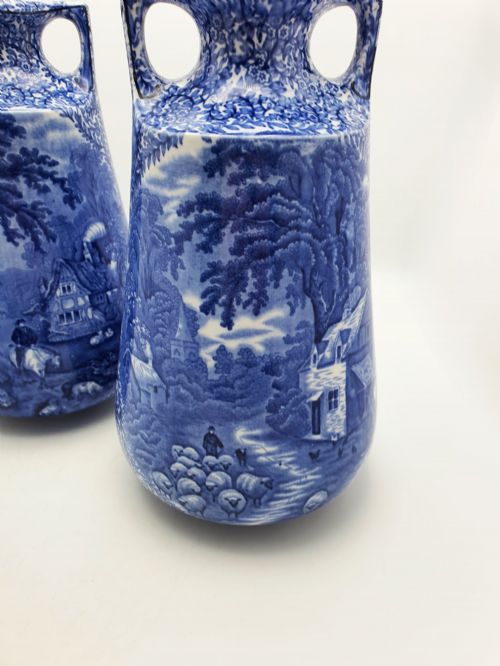 fig 1. Lovely Large Pair of J. Kent Fenton Blue & White Transferware Vase – circa 1920