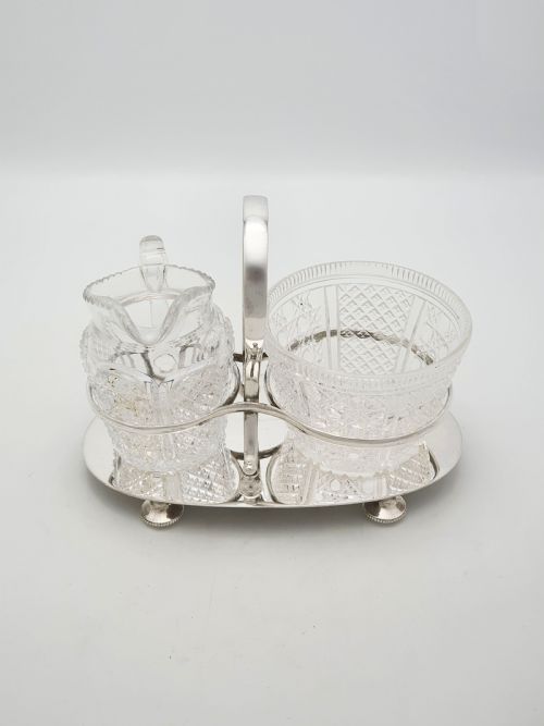 fig 1. Antique Edwardian Silver Plated Stand With Cut Glass Bowl And Cream Jug – circa 1905