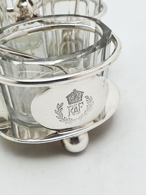 fig 1. RAF Silver Plated Cruet Set With Glass Bottles By Walker & Hall – circa 1930