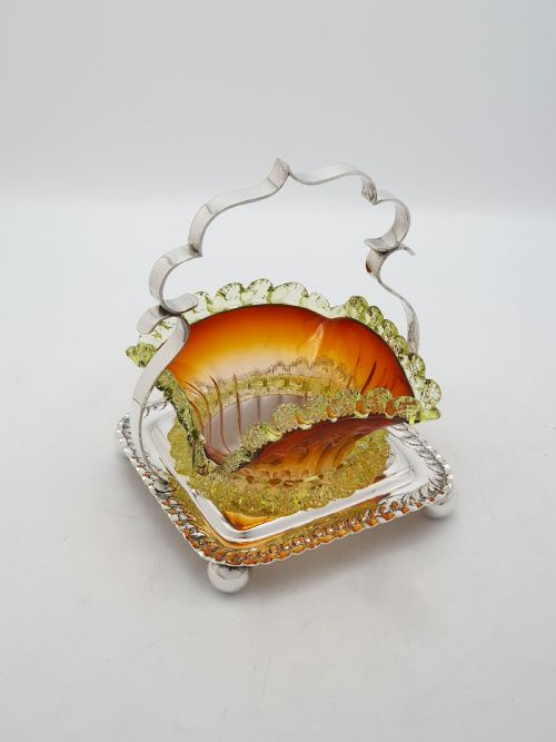 ANTIQUE EDWARDIAN SILVER PLATED AND AMBER GLASS BONBON DISH CIRCA 1905