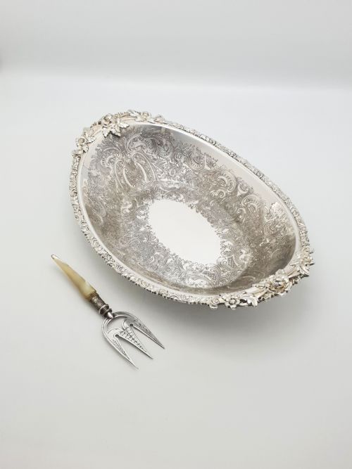 Beautifully Embossed Silver Plated Bread Basket with Fork – Circa 1930