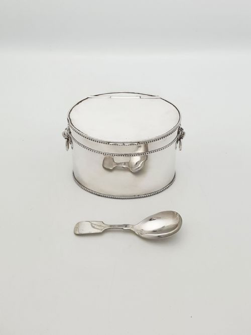 ANTIQUE EDWARDIAN TEA CADDY WITH LION MASK HANDLES AND SPOON CIRCA 1905