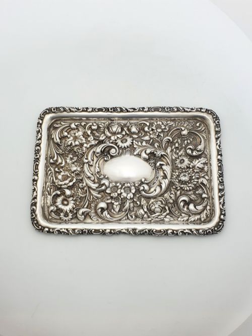 Gorgeous Antique Edwardian Sterling Silver Tray - Rococo Floral Repoussé - 1906