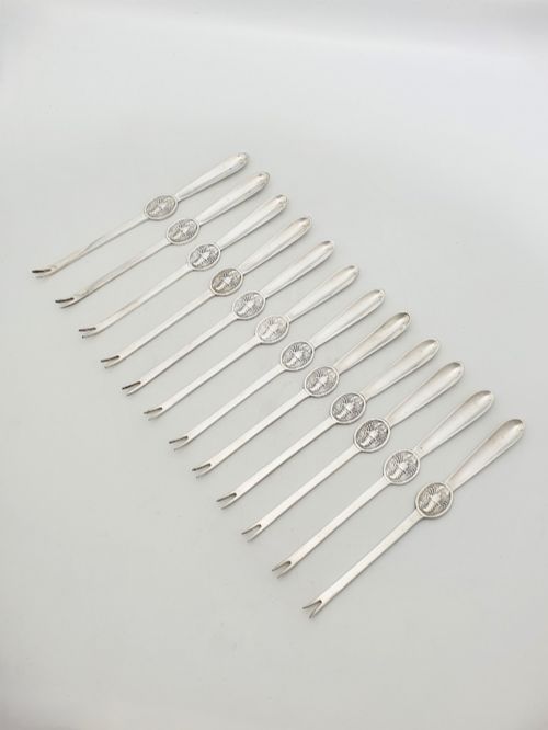 Antique Silver Plated Lobster Picks Set of 12 with Lobster Medallion Handles – Circa 1920