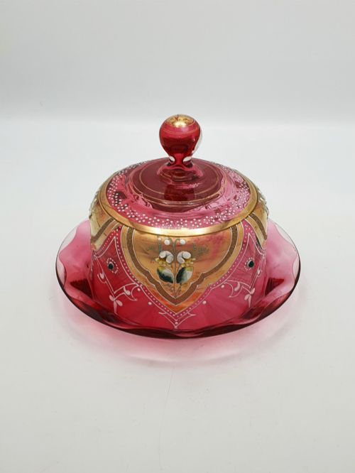 Small Antique Continental Cranberry Glass Covered Cheese Dish – Circa 1900