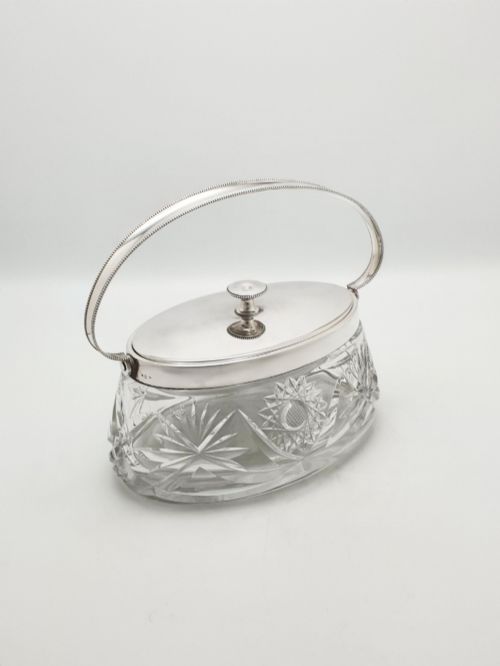 NICE ANTIQUE WMF SILVER PLATED CUT GLASS BISCUIT BOX WITH HANDLE CIRCA 1900