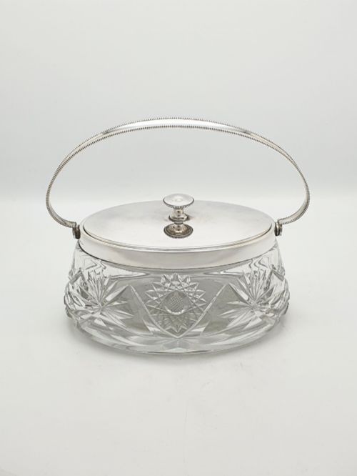 NICE ANTIQUE WMF SILVER PLATED CUT GLASS BISCUIT BOX WITH HANDLE CIRCA 1900 - ADDITIONAL PHOTO 1