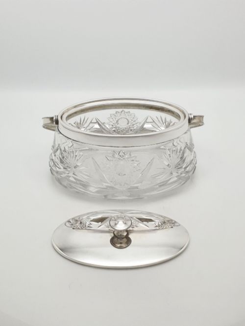 NICE ANTIQUE WMF SILVER PLATED CUT GLASS BISCUIT BOX WITH HANDLE CIRCA 1900 - ADDITIONAL PHOTO 3