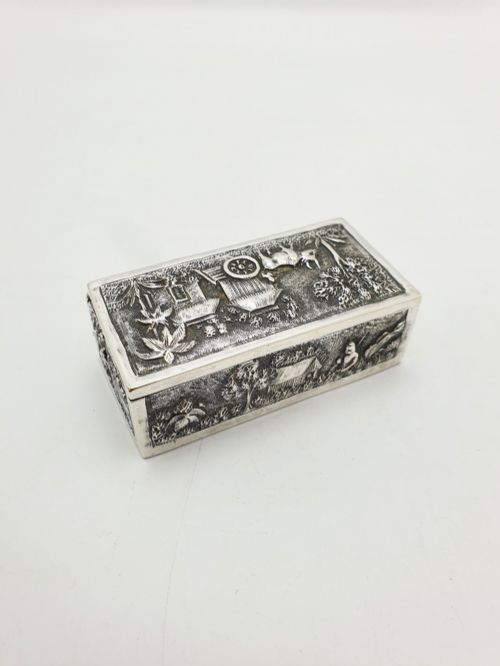 Antique Indian Silver Village Scene Repoussé Rectangular Trinket Box – Circa 1900