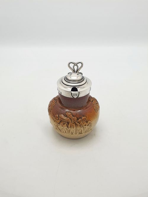 ANTIQUE GEORGIAN STONEWARE JUG WITH STERLING SILVER COLLAR HINGED LID 1828 - ADDITIONAL PHOTO 3