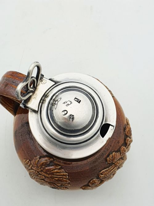 ANTIQUE GEORGIAN STONEWARE JUG WITH STERLING SILVER COLLAR HINGED LID 1828 - ADDITIONAL PHOTO 6