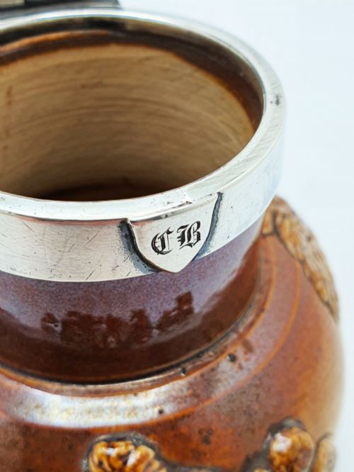 ANTIQUE GEORGIAN STONEWARE JUG WITH STERLING SILVER COLLAR HINGED LID 1828 - ADDITIONAL PHOTO 10