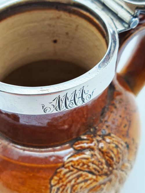 ANTIQUE GEORGIAN STONEWARE JUG WITH STERLING SILVER COLLAR HINGED LID 1828 - ADDITIONAL PHOTO 11
