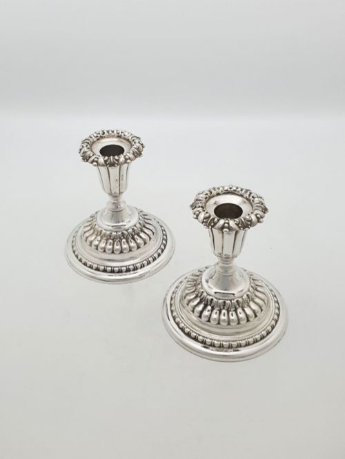 PAIR OF ANTIQUE EDWARDIAN SILVER PLATED LOW CANDLESTICKS CIRCA 1905