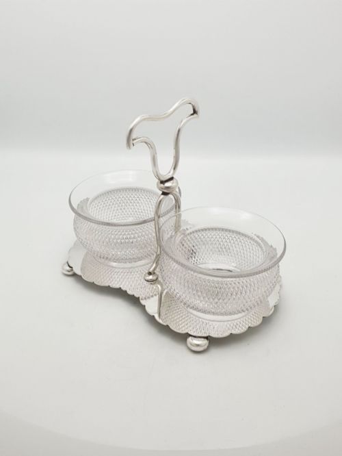 ANTIQUE SILVER PLATED CONDIMENT STAND WITH TWIN GLASS BOWLS CIRCA 1920