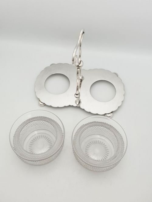ANTIQUE SILVER PLATED CONDIMENT STAND WITH TWIN GLASS BOWLS CIRCA 1920 - ADDITIONAL PHOTO 2