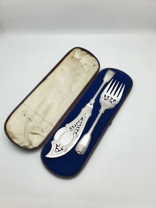 Antique Victorian Silver Plated Engraved Fish Serving Set – Circa 1880