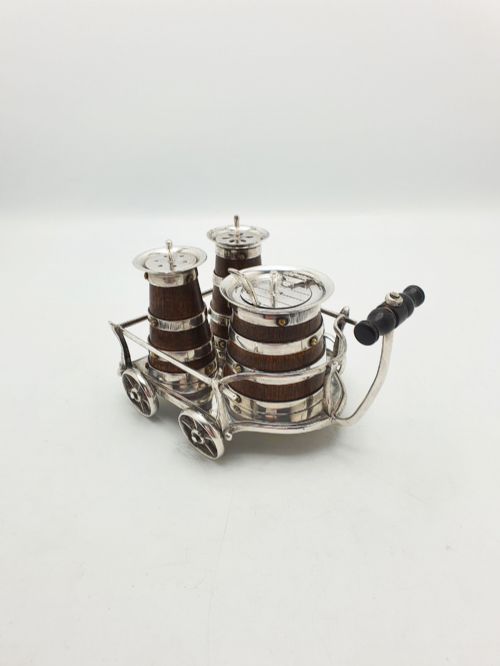 Fabulous and Rare Antique Silver Plated Oak Barrel Condiment Cruet Set - 1872