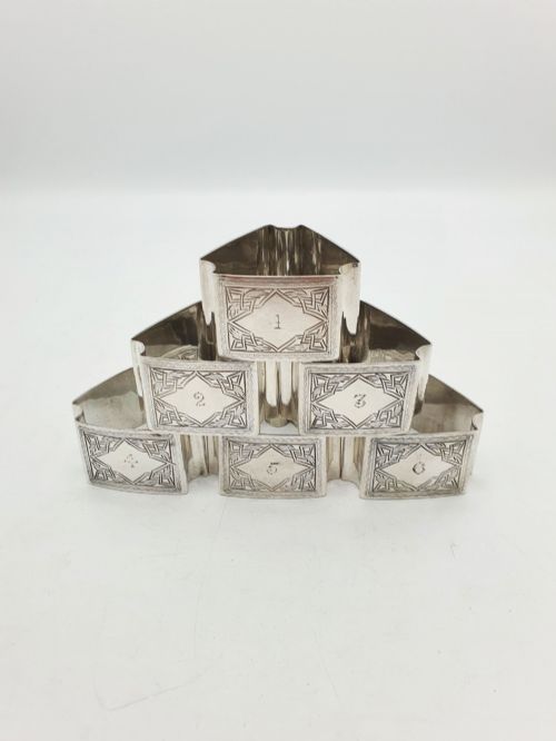 Set Of Six Antique Edwardian Silver Plated Numbered Napkin Rings - circa 1905