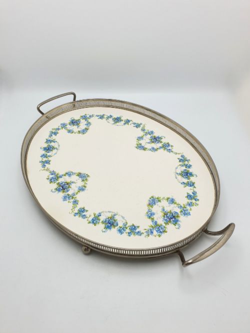 ANTIQUE CONTINENTAL OVAL SERVING TRAY WITH BLUE FLORAL CENTRE CIRCA 1920