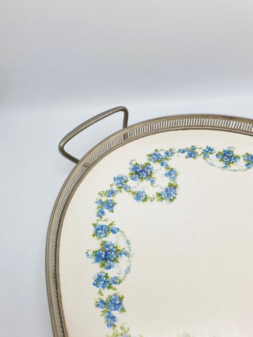 ANTIQUE CONTINENTAL OVAL SERVING TRAY WITH BLUE FLORAL CENTRE CIRCA 1920 - ADDITIONAL PHOTO 1