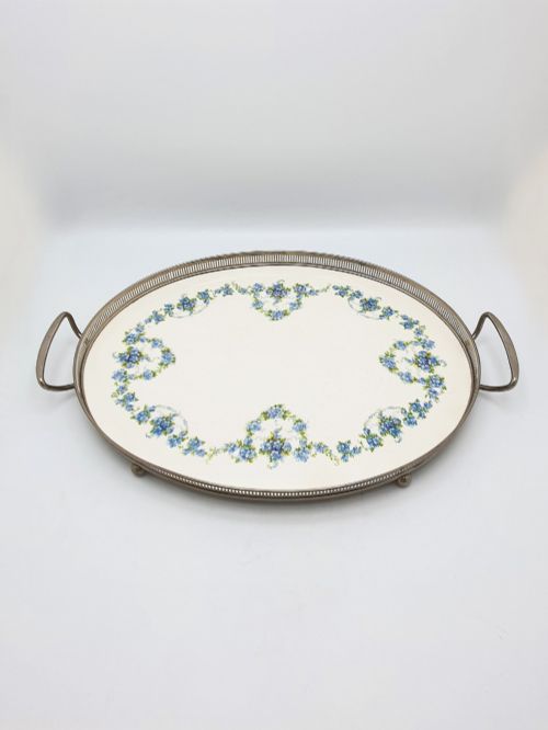 ANTIQUE CONTINENTAL OVAL SERVING TRAY WITH BLUE FLORAL CENTRE CIRCA 1920 - ADDITIONAL PHOTO 3