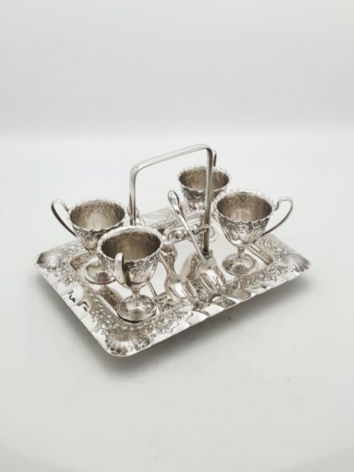 Antique Edwardian Silver Plated Four Person Embossed Egg Cruet Set – Circa 1905