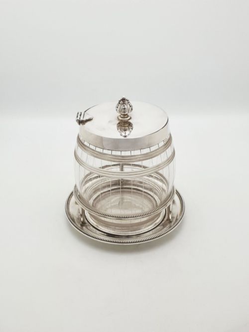 ANTIQUE ELKINGTON CUT GLASS AND SILVER PLATED BISCUIT BARREL WITH STAND 1869