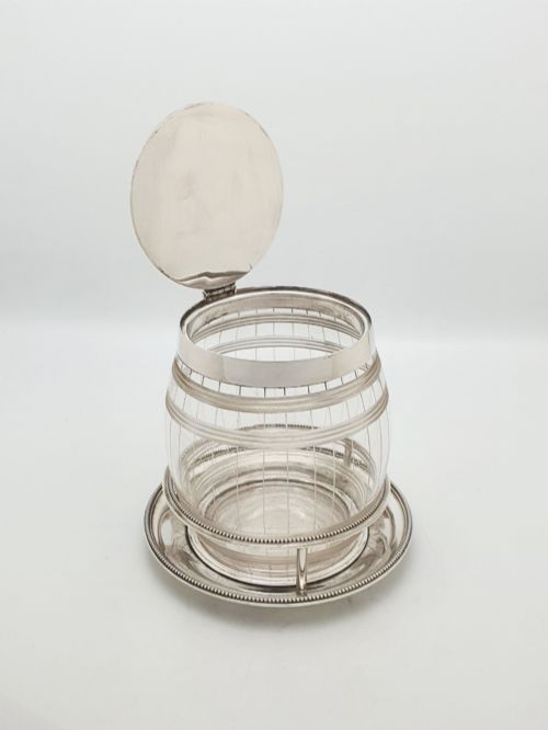 ANTIQUE ELKINGTON CUT GLASS AND SILVER PLATED BISCUIT BARREL WITH STAND 1869 - ADDITIONAL PHOTO 1