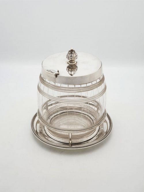 ANTIQUE ELKINGTON CUT GLASS AND SILVER PLATED BISCUIT BARREL WITH STAND 1869 - ADDITIONAL PHOTO 3