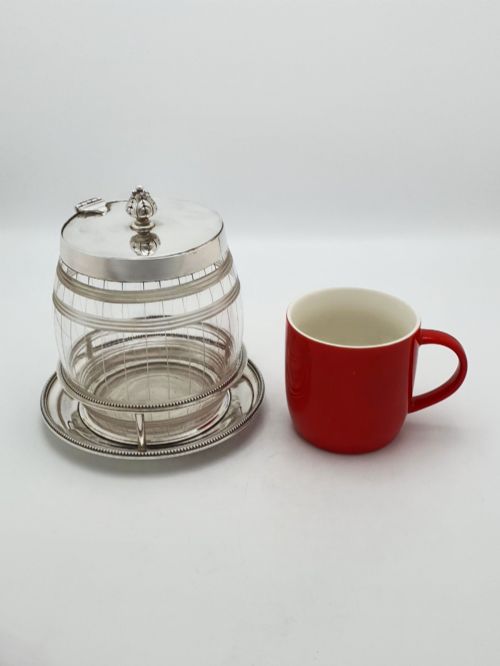 ANTIQUE ELKINGTON CUT GLASS AND SILVER PLATED BISCUIT BARREL WITH STAND 1869 - ADDITIONAL PHOTO 10
