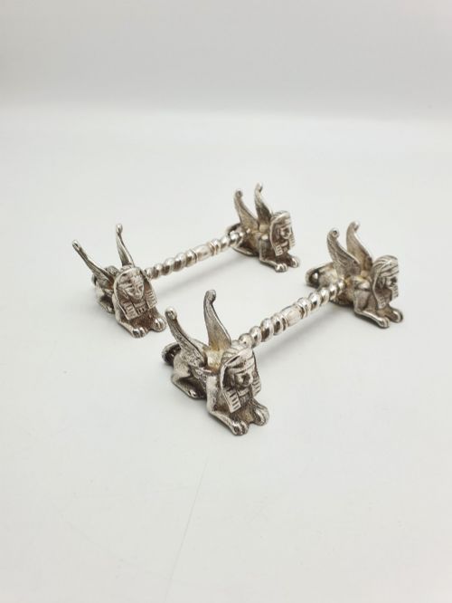 PAIR OF ANTIQUE EGYPTIAN REVIVAL SILVER PLATED SPHINX KNIFE RESTS CIRCA 1880