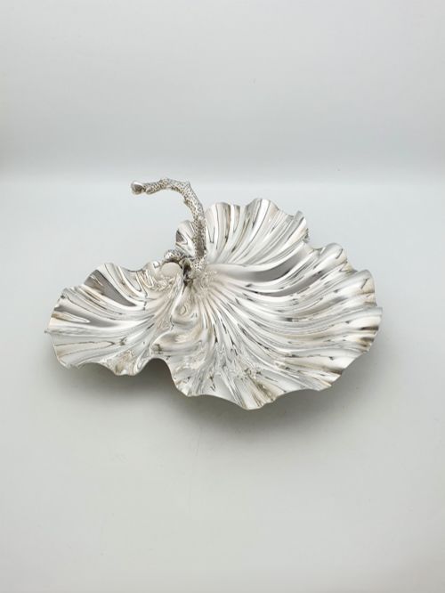 ANTIQUE VICTORIAN SILVER PLATED SHELL DISH WITH STYLISED CORAL HANDLE CIRCA 1880