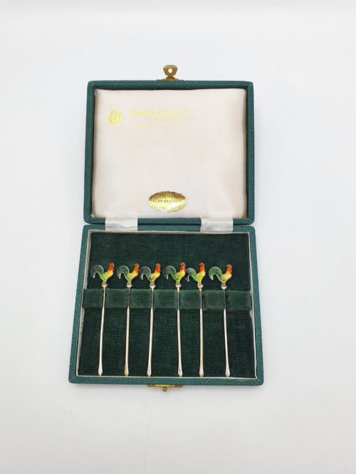 BEAUTIFUL SET OF ENAMELLED AND SILVER COCKTAIL STICKS CIRCA 1930