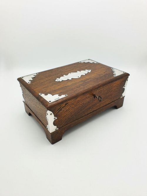 Splendid Antique Edwardian Oak Cigar Box with Sterling Silver Mounts - 1908