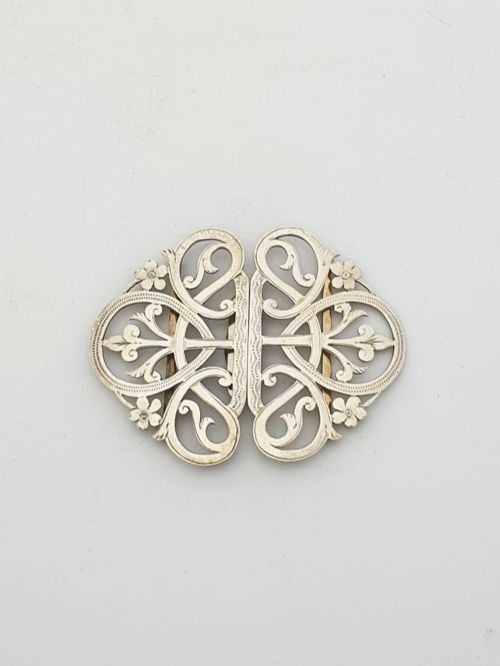 Antique Edwardian Sterling Silver Pierced Scroll Belt Buckle - 1907
