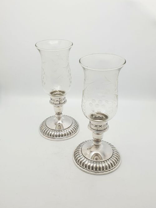 Pair of Convertible Vintage Birks Regency Plate Glass Hurricane Lamps – Circa 1950
