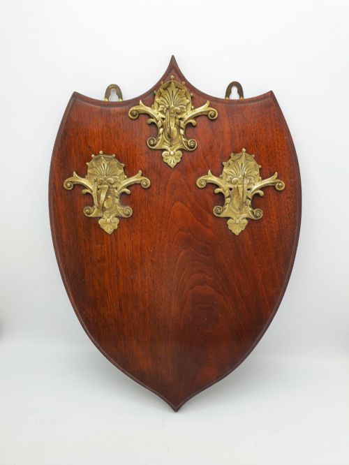 Antique Edwardian Mahogany Wall Plaque with Three Ornate Brass Coat Hooks – Circa 1905