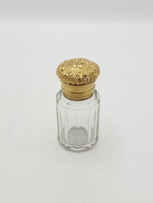 Antique Victorian Gilt Sterling Silver Mounted Cut Glass Scent Bottle - London, 1891